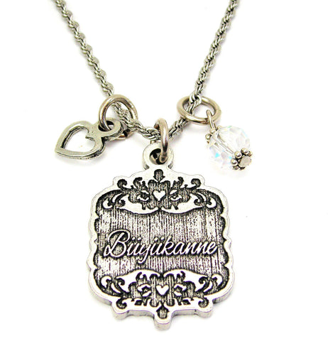 Buyukanne Victorian Scroll With Open Heart And Crystal 20" Stainless Steel Rope Necklace