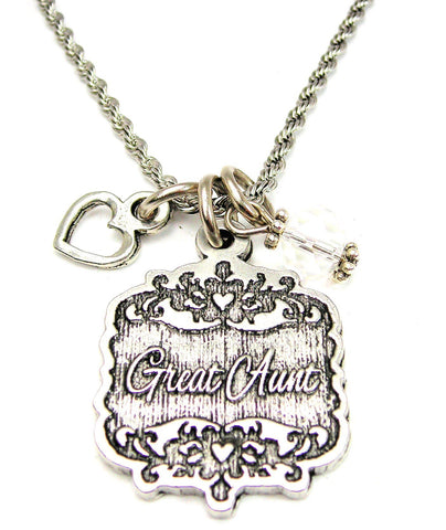 Great Aunt Victorian Scroll With Open Heart And Crystal 20" Stainless Steel Rope Necklace
