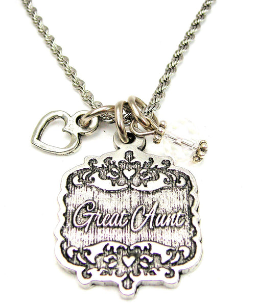 Great Aunt Victorian Scroll With With Open Heart And Crystal 20" Stainless Steel Rope Necklace