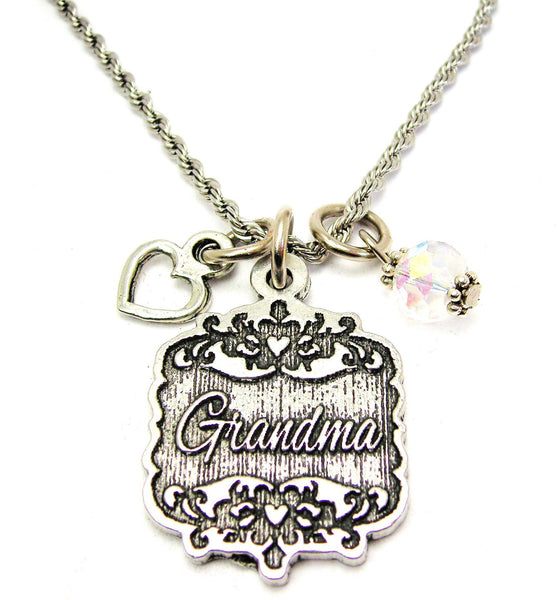 Grandma Victorian Scroll With Open Heart And Crystal 20" Stainless Steel Rope Necklace