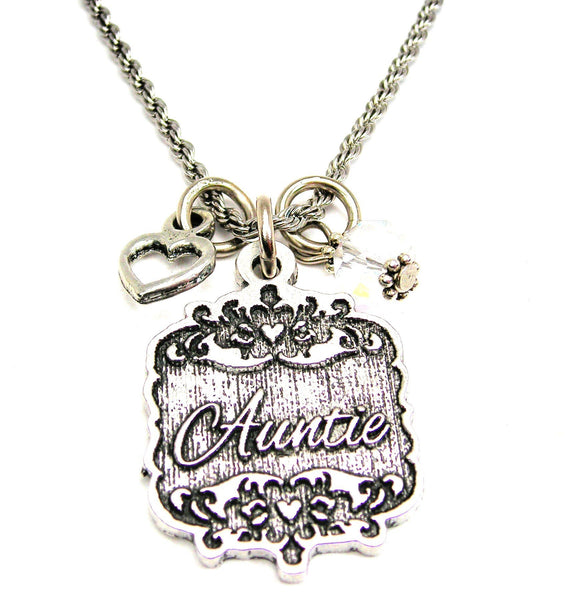Auntie Victorian Scroll With Open Heart And Crystal 20" Stainless Steel Rope Necklace