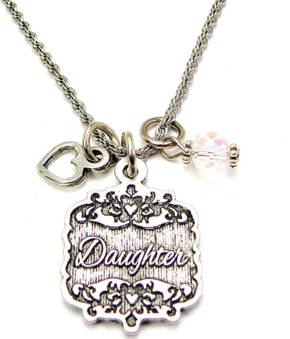Daughter Victorian Scroll With Open Heart And Crystal 20" Stainless Steel Rope Necklace