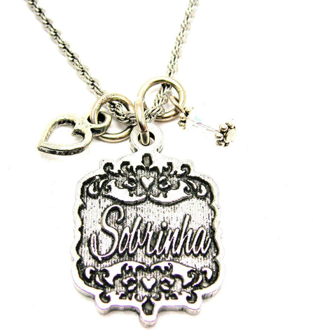 Sobrinha Victorian Scroll With Open Heart And Crystal 20" Stainless Steel Rope Necklace