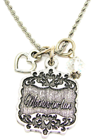 Mother-In-Law Victorian Scroll With Open Heart And Crystal 20" Stainless Steel Rope Necklace