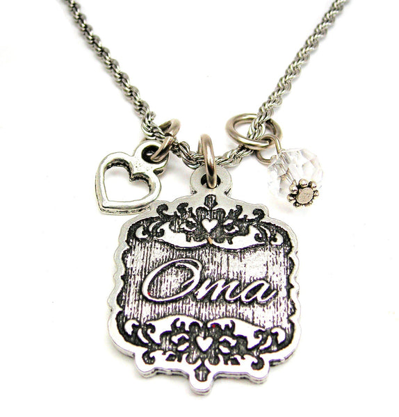 Oma Victorian Scroll With Open Heart And Crystal 20" Stainless Steel Rope Necklace