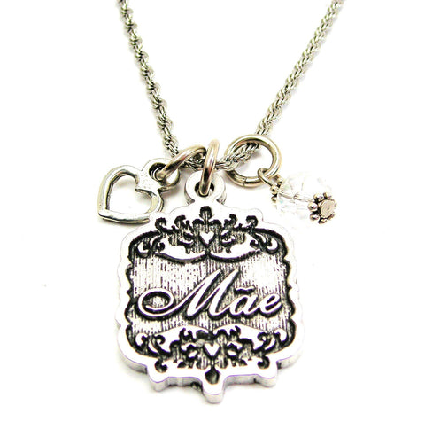 Mae Victorian Scroll With Open Heart And Crystal 20" Stainless Steel Rope Necklace
