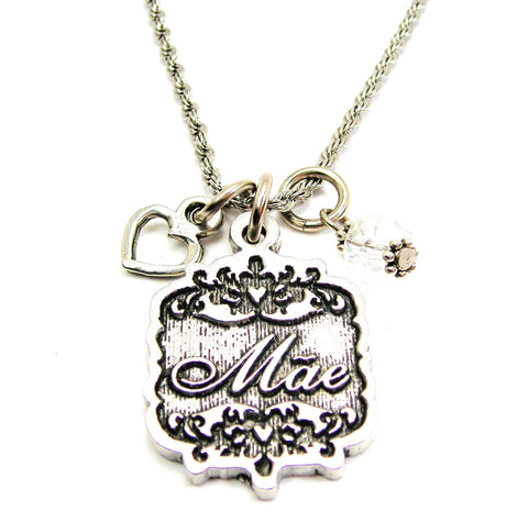 Mae Victorian Scroll With With Open Heart And Crystal 20" Stainless Steel Rope Necklace