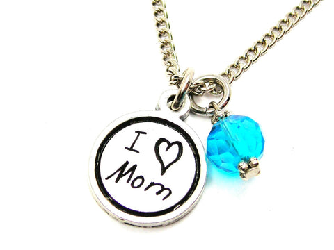 I Love Mom Child Handwriting Necklace With Crystal Accent