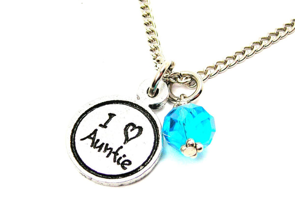 I Love Auntie Child Handwriting Necklace With Crystal Accent