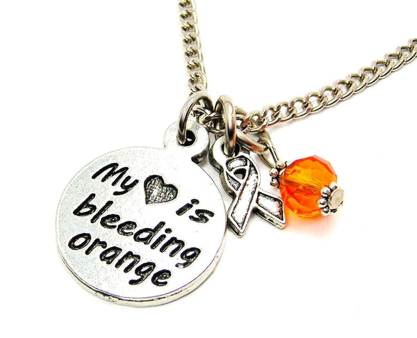 My Heart is Bleeding Orange with Awareness Ribbon Necklace