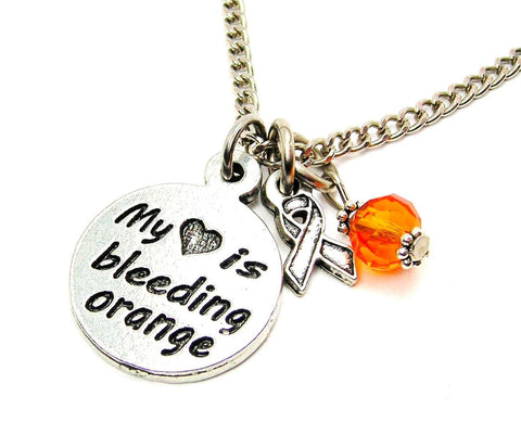 My Heart is Bleeding Orange with Awareness Ribbon Necklace