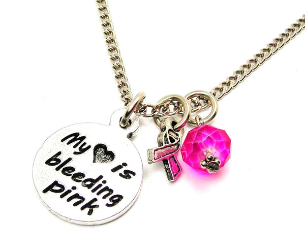 My Heart is Bleeding Pink with Awareness Ribbon Necklace