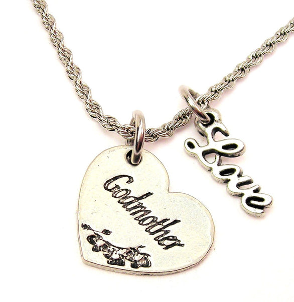 Godmother Heart 20" Chain Necklace With Cursive Love Accent