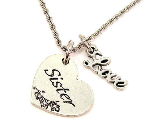 Sister Heart 20" Chain Necklace With Cursive Love Accent