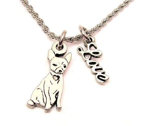 Sitting Chihuahua 20" Chain Necklace With Cursive Love Accent