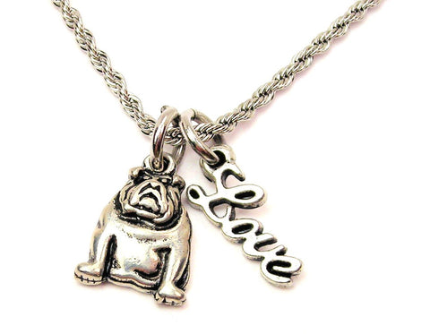 Sitting Bulldog 20" Chain Necklace With Cursive Love Accent