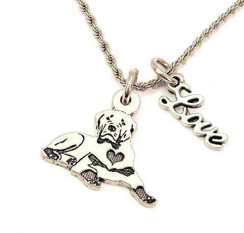 Sitting Rottweiler With Heart 20" Chain Necklace With Cursive Love Accent