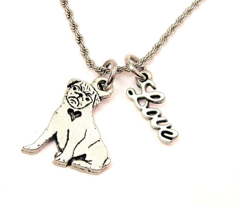 Sitting Pug 20" Chain Necklace With Cursive Love Accent