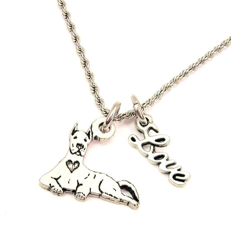 Sitting Great Dane With Heart 20" Chain Necklace With Cursive Love Accent