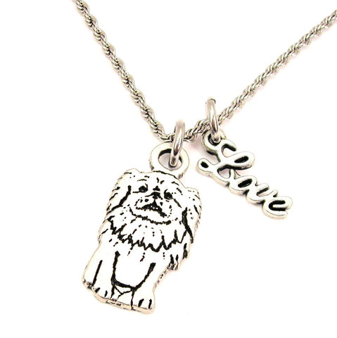 Sitting Pomeranian 20" Chain Necklace With Cursive Love Accent