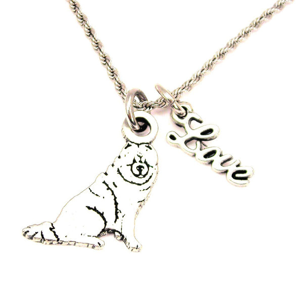 Sitting Chow Chow 20" Chain Necklace With Cursive Love Accent