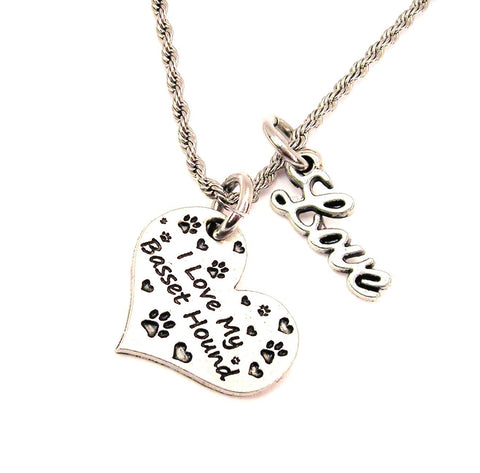 I Love My Basset Hound 20" Chain Necklace With Cursive Love Accent