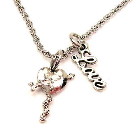 Heart Bleeding Love 20" Chain Necklace With Cursive Love Accent
