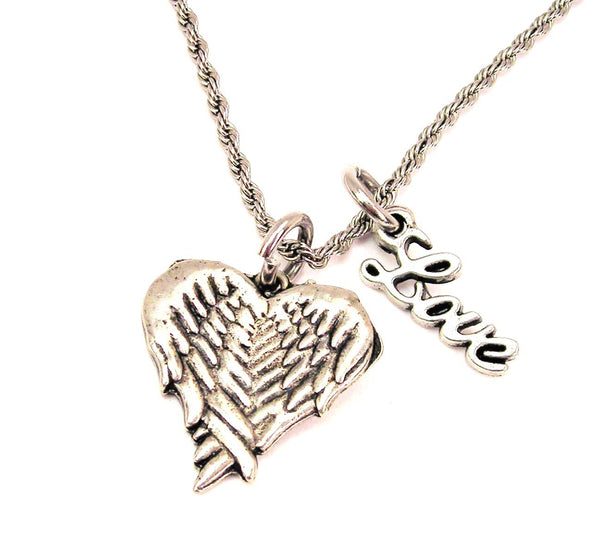 Folded Angel Wings Into A Heart 20" Chain Necklace With Cursive Love Accent