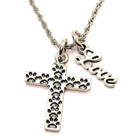 Paw Print Cross 20" Chain Necklace With Cursive Love Accent