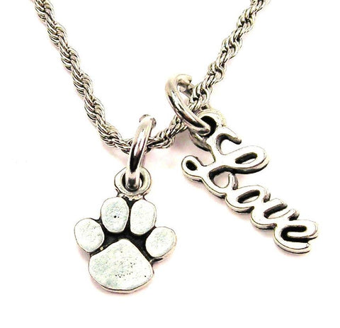 Small Paw Print 20" Chain Necklace With Cursive Love Accent