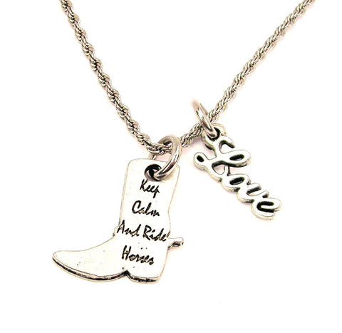 Keep Calm And Ride Horses 20" Chain Necklace With Cursive Love Accent