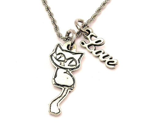 Big Eyed Cat 20" Chain Necklace With Cursive Love Accent