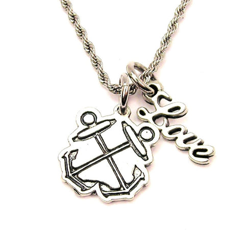 Boatswain Crossed Anchors 20" Chain Necklace With Cursive Love Accent