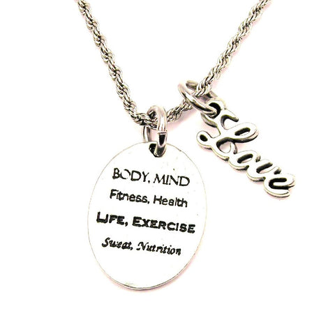 Body Mind Fitness Health Life Exercise Sweat Nutrition 20" Chain Necklace With Cursive Love Accent