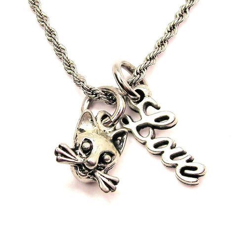 Cat With Whiskers 20" Chain Necklace With Cursive Love Accent