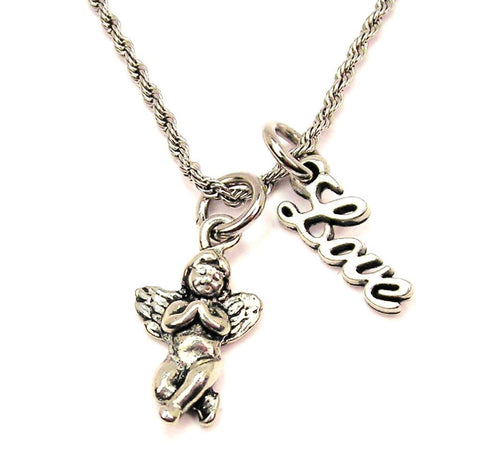 Chubby Praying Angel 20" Chain Necklace With Cursive Love Accent
