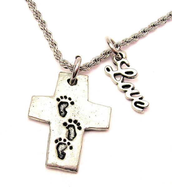 Footprint Cross 20" Chain Necklace With Cursive Love Accent