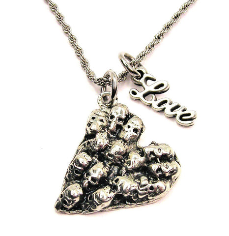 Skull Heart 20" Chain Necklace With Cursive Love Accent