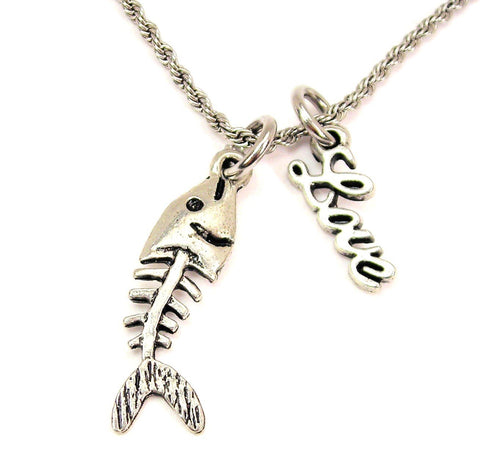 Fish Bones 20" Chain Necklace With Cursive Love Accent