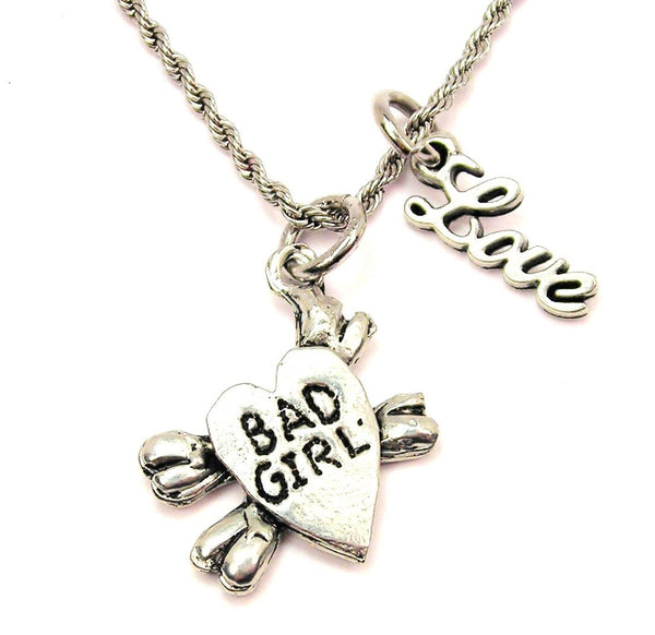 Bad Girl Skull And Crossbones 20" Chain Necklace With Cursive Love Accent