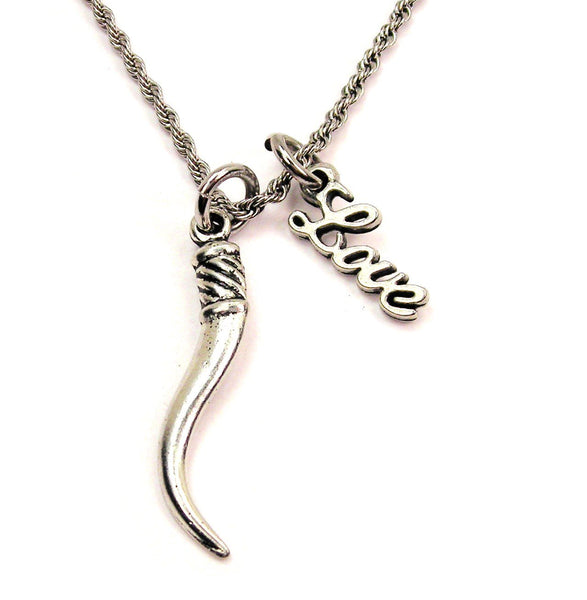 Cornuto Horn 20" Chain Necklace With Cursive Love Accent