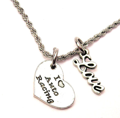 I Love Auto Racing 20" Chain Necklace With Cursive Love Accent