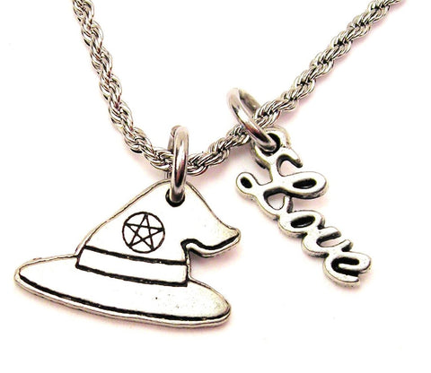 Witch Hat With Pentacle 20" Chain Necklace With Cursive Love Accent