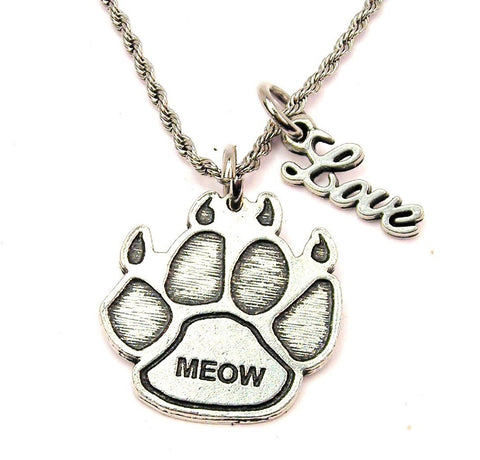 Meow Paw Print 20" Chain Necklace With Cursive Love Accent