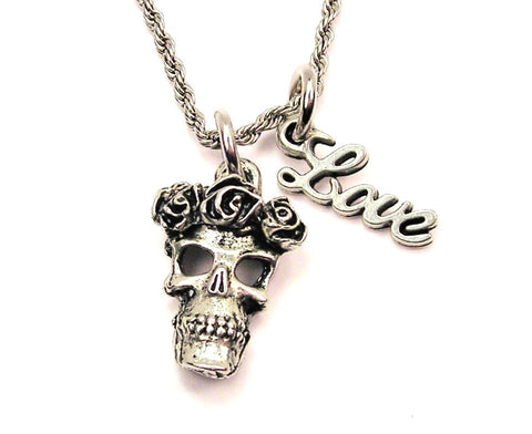 Skull With Roses 20" Chain Necklace With Cursive Love Accent