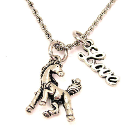 Posing Horse 20" Chain Necklace With Cursive Love Accent