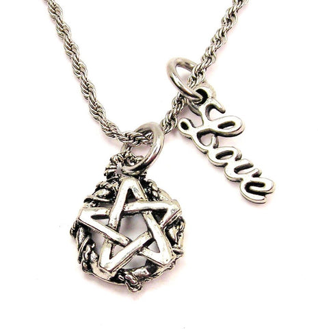 Gothic Pentacle 20" Chain Necklace With Cursive Love Accent
