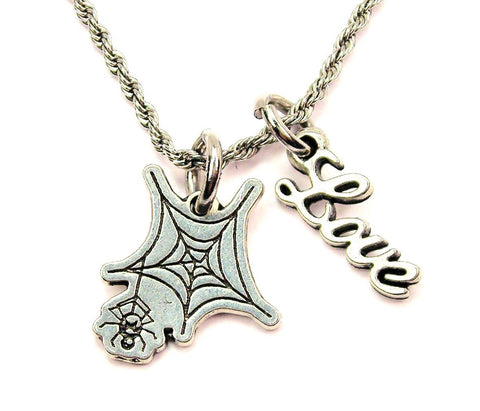 Spider Hanging From Web 20" Chain Necklace With Cursive Love Accent