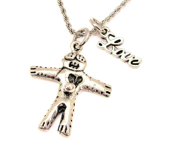 Voodoo Doll Stabbed In Heart 20" Chain Necklace With Cursive Love Accent