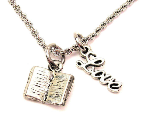 Open Book 20" Chain Necklace With Cursive Love Accent